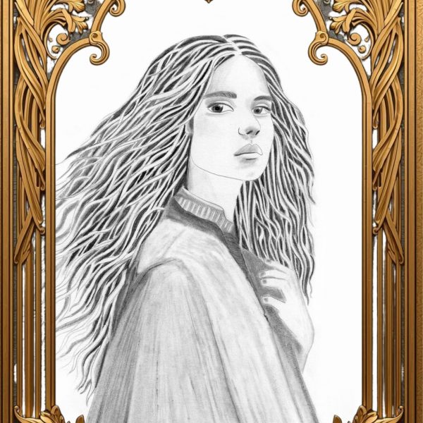 Portrait féminin, dessin en noir et blanc, de trois quarts, d'une femme solitaire, aux cheveux longs ondulés, une main posée sur la poitrine