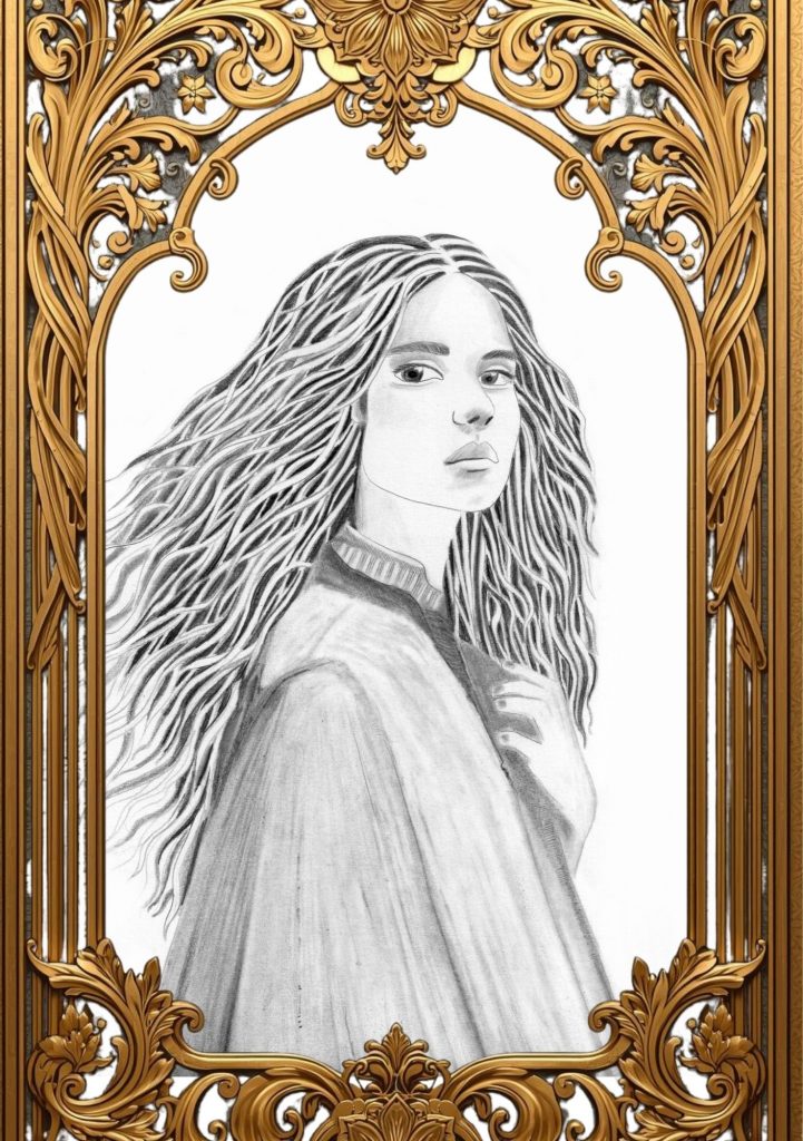 Portrait féminin, dessin en noir et blanc, de trois quarts, d'une femme solitaire, aux cheveux longs ondulés, une main posée sur la poitrine