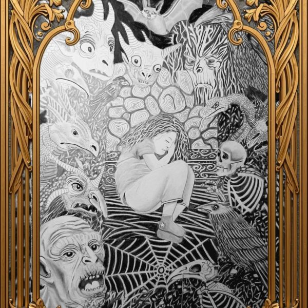 Figure humaine recroquevillée entourée de créatures fantastiques et d’un squelette, dessin en noir et blanc encadré d’un cadre décoratif doré