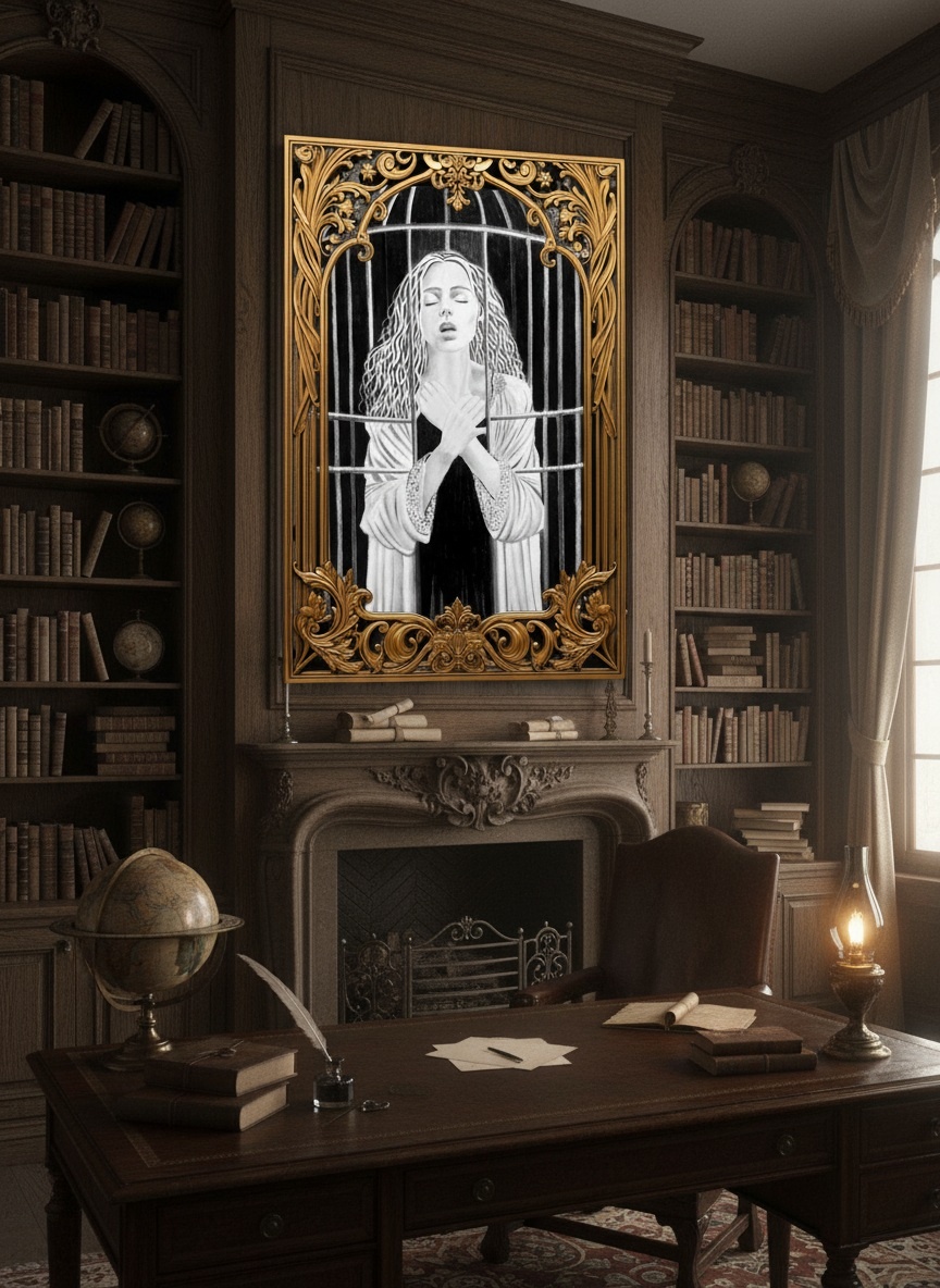 Dessin en noir et blanc intitulé La nuit noire de l’âme, représentant une femme figurée à l’intérieur d’une cage