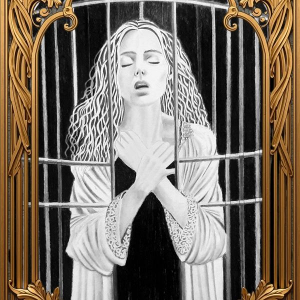 Personne debout derrière des barreaux, dessin noir et blanc encadré d’un décor doré