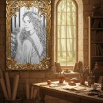 Dessin en noir et blanc intitulé Là où tout commence, représentant une jeune femme en robe de fête marchant sur un chemin forestier