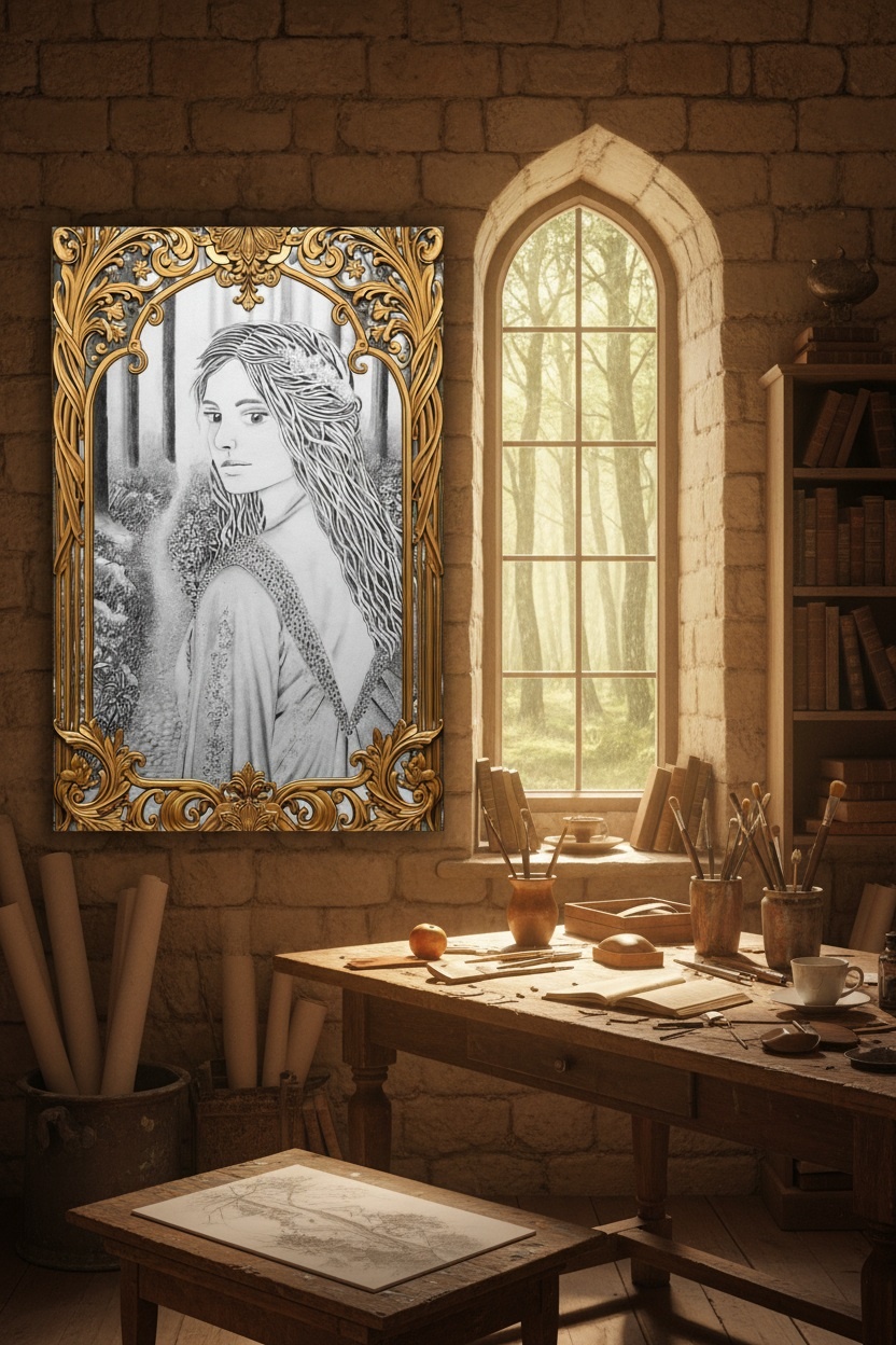 Dessin en noir et blanc intitulé Là où tout commence, représentant une jeune femme en robe de fête marchant sur un chemin forestier