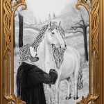 Figure humaine barbu aux cheveux longs touchant un cheval, dessin en noir et blanc dans un paysage arboré