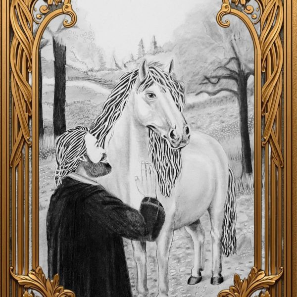 Figure humaine barbu aux cheveux longs touchant un cheval, dessin en noir et blanc dans un paysage arboré