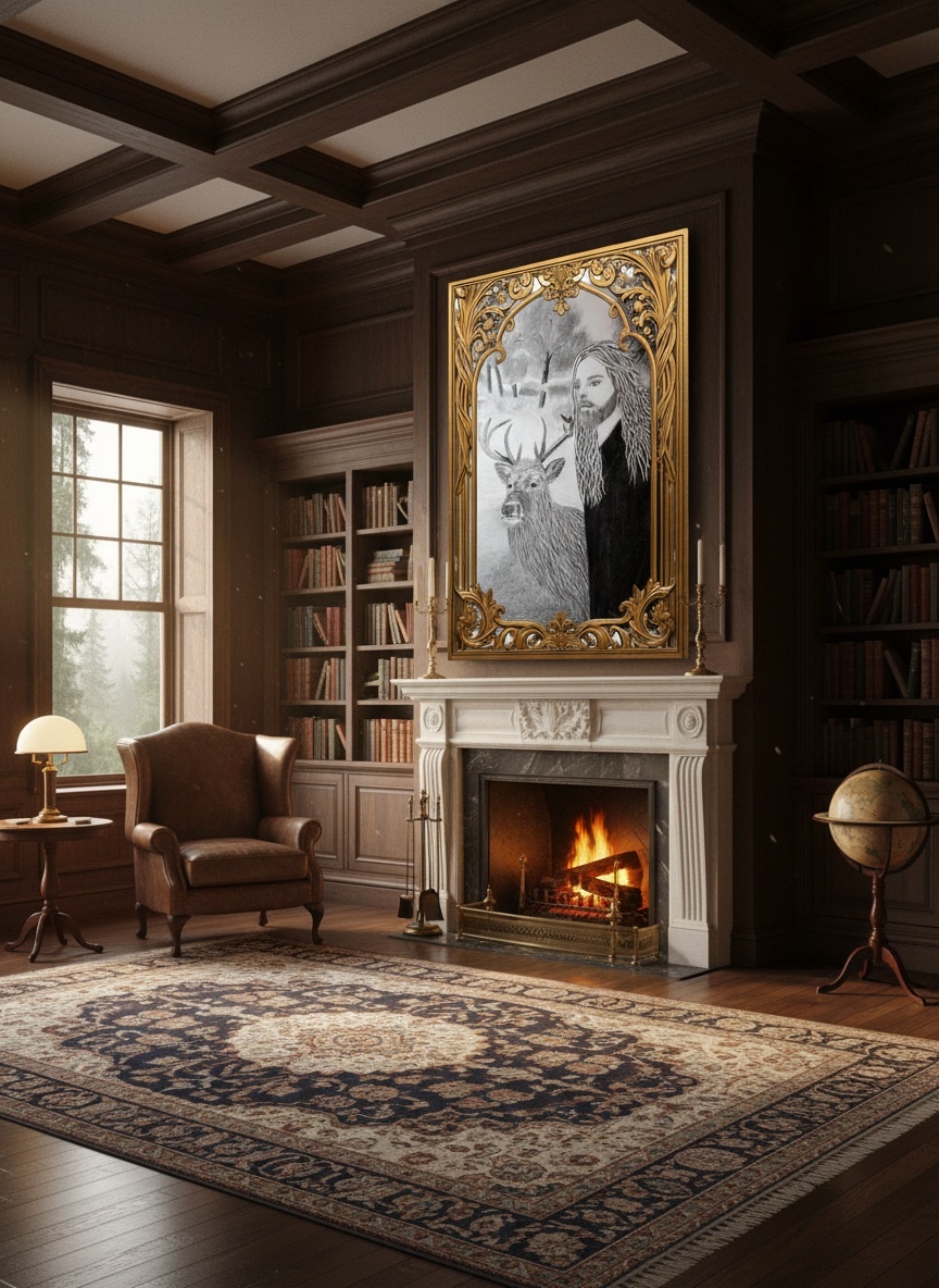 Dessin en noir et blanc intitulé Les compagnons de l’aube, représentant un homme et un cerf dans une forêt