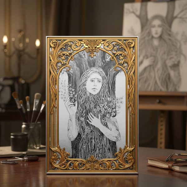 Dessin en noir et blanc représentant Dryope, figure de la mythologie grecque, illustration figurative présentée dans l’atelier de DAM KAT