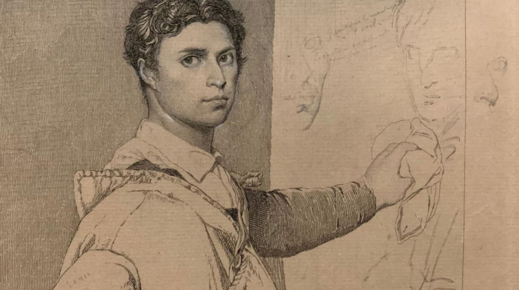 Dessin en noir et blanc de Ingres, autoportrait a l'age de 24 ans, vers 1805