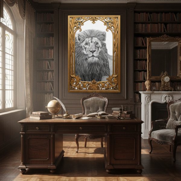 Dessin en noir et blanc au crayon sur papier, Vieux lion, regard animal, encadré doré, exposé dans un bureau de maison