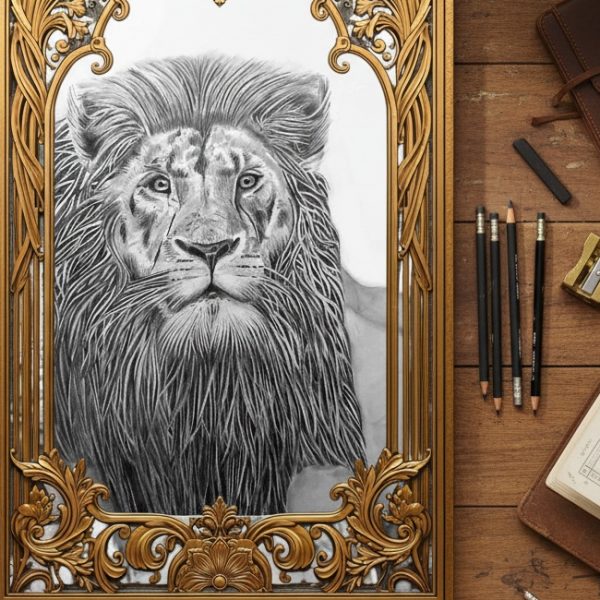 Vieux lion, dessin exposé dans un musée, représentant une figure animale.