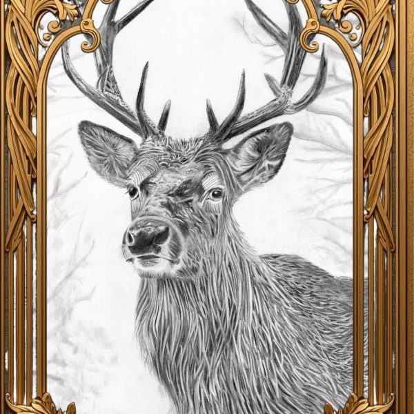 Dessin d'un animal au graphite représentant un cerf de face, sur papier format A3