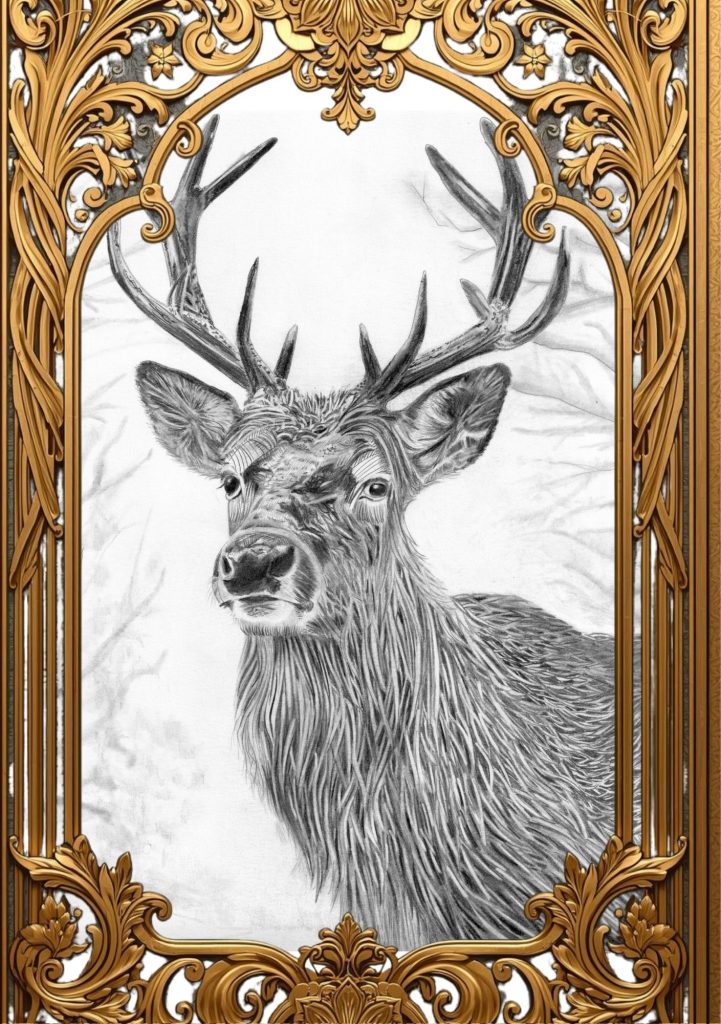 Dessin d'un animal au graphite représentant un cerf de face, sur papier format A3