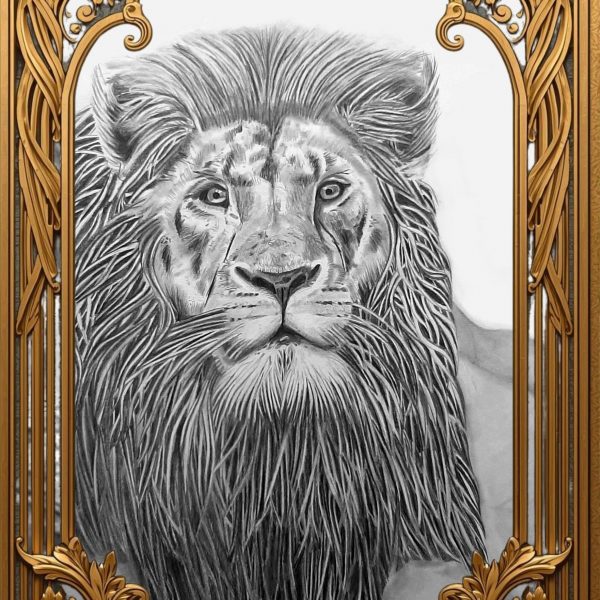 Dessin en noir et blanc au crayon sur papier, Vieux lion, regard animal, présenté dans un cadre doré, commande possible