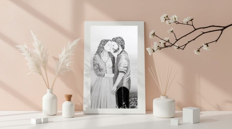 Image d'un dessin de DAM KAT intitulé Les Amoureux, encadré, et posé sur une étagere