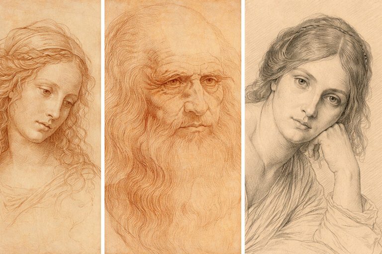 Trois dessins de Sandro Botticelli, Leonard de Vinci et Ingres grands maitres de la peinture, portraits touchants mettant en valeur la beauté des dessins