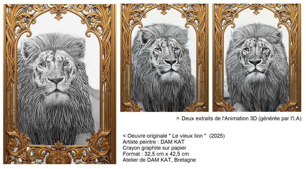 Vieux lion dessiné, illustration montrant le passage du dessin vers une animation 3D, projet artistique DAM KAT