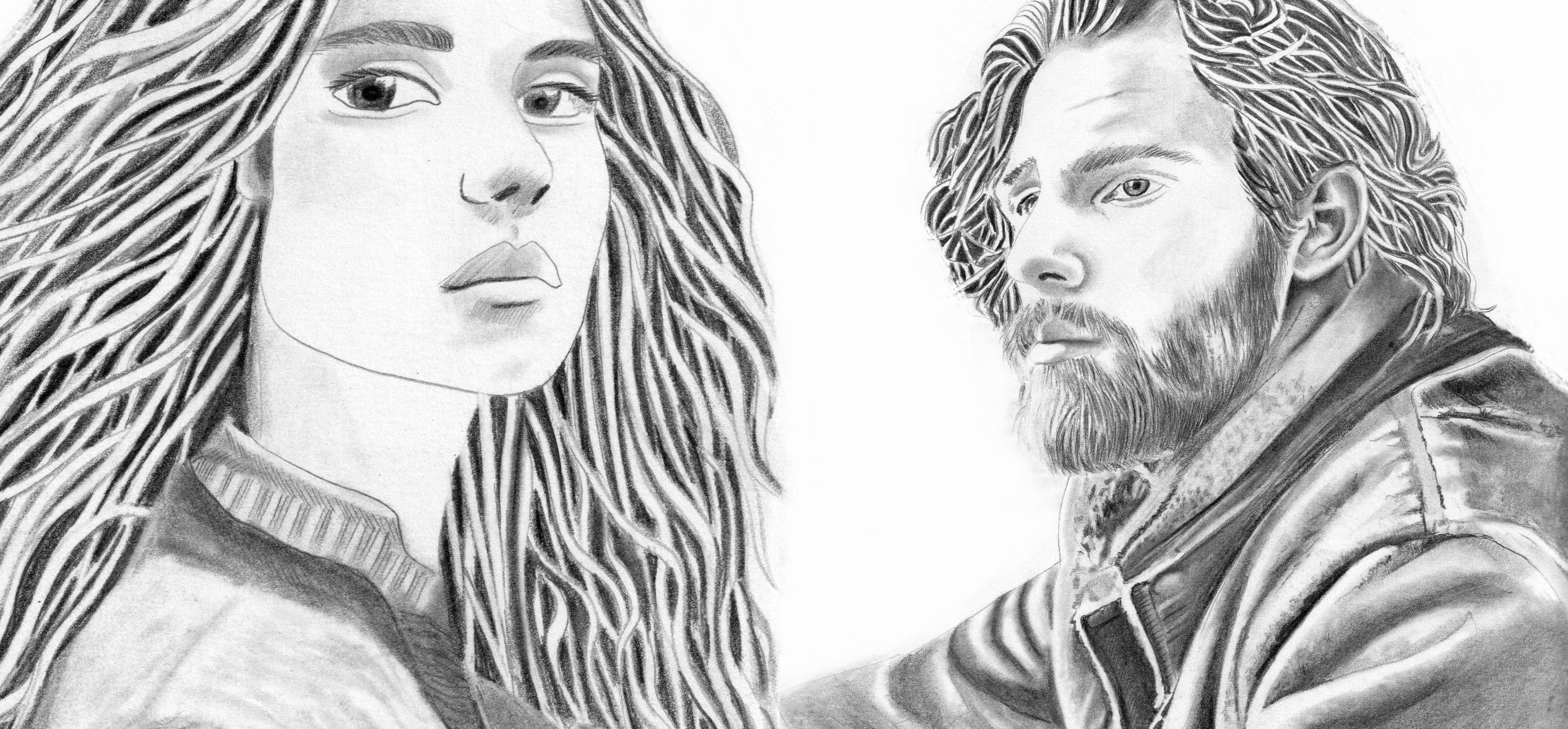 Dessin en noir et blanc représentant un jeune couple se retrouvant, scène figurative de rencontre entre deux personnes