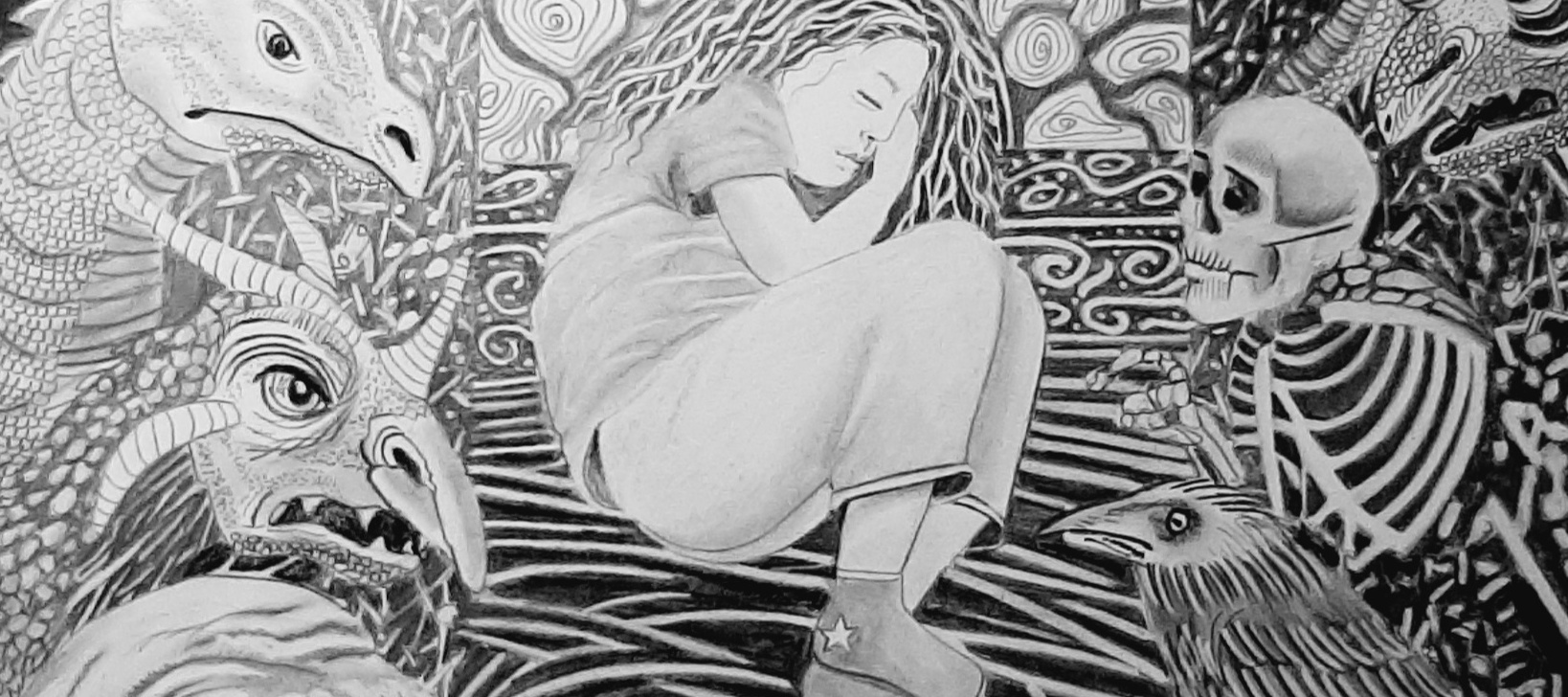 Petite fille endormie, détail du dessin de DAM KAT Le Cauchemar, crayon graphite sur papier, une illustration évoquant les premiers rêves des enfants et des monstres qui les terrorise