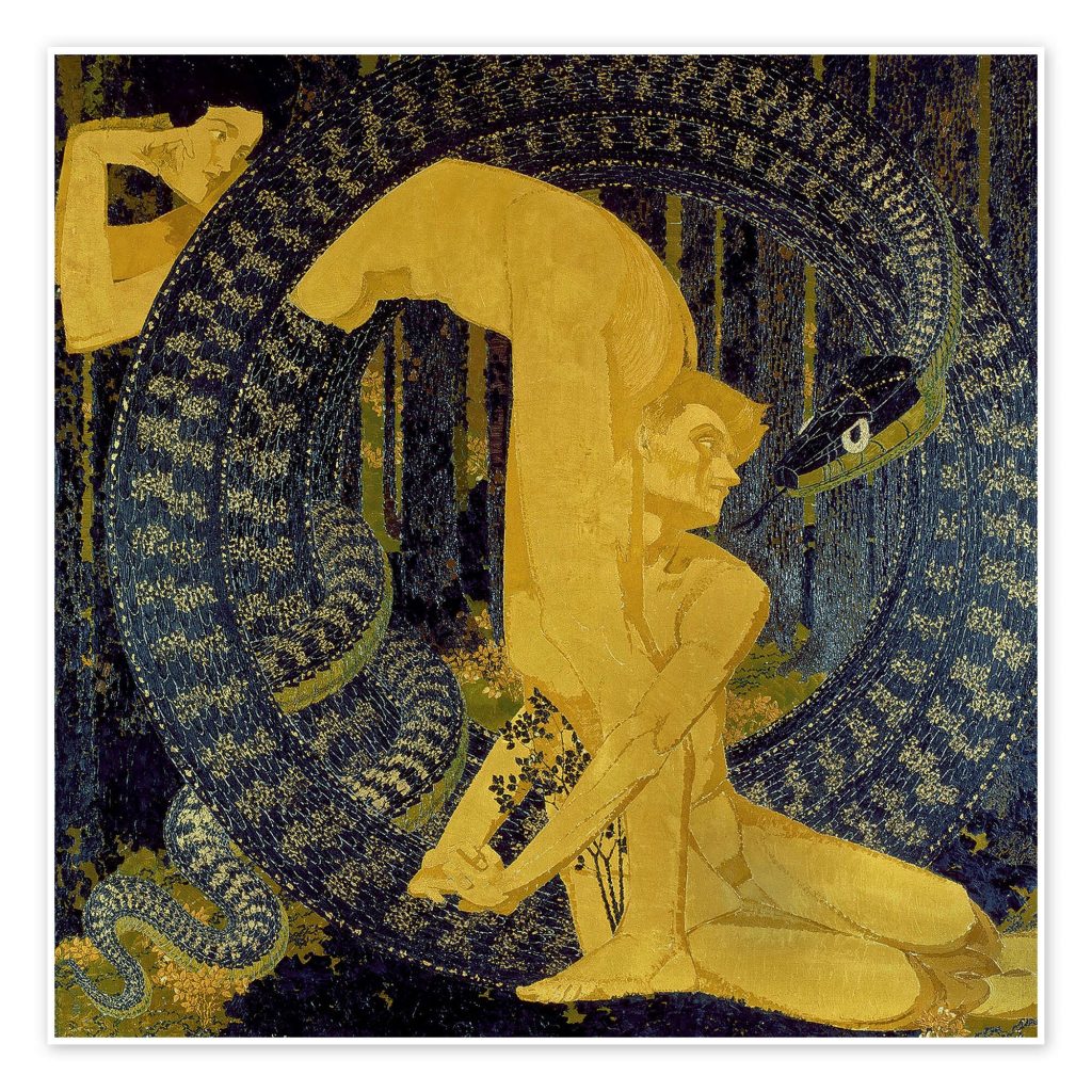 Une peinture Adam and Eve, 1907 de Augusto Giacometti, magnifique oeuvre de couleur noire, grise et dorée