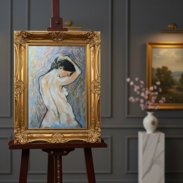 Nu féminin présenté sur un chevalet, oeuvre de DAM KAT, artiste peintre de Bretagne