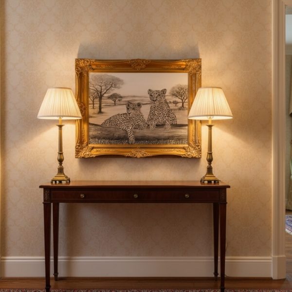 Deux léopards, dessin en noir et blanc simulation dans le salon