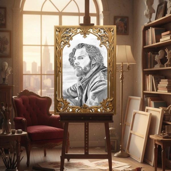Responsable, il réfléchit, dessin de DAM KAT exposé dans un intérieur chic