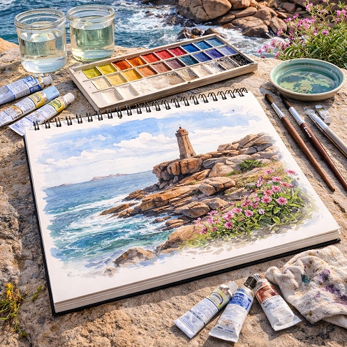 seance d'aquarelle à Ploumanac'h