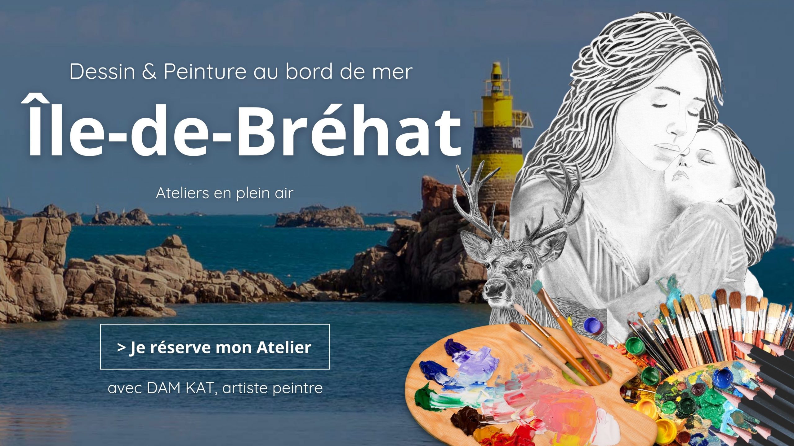 Cours de dessin peinture à Bréhat avec DAM KAT Artiste peintre