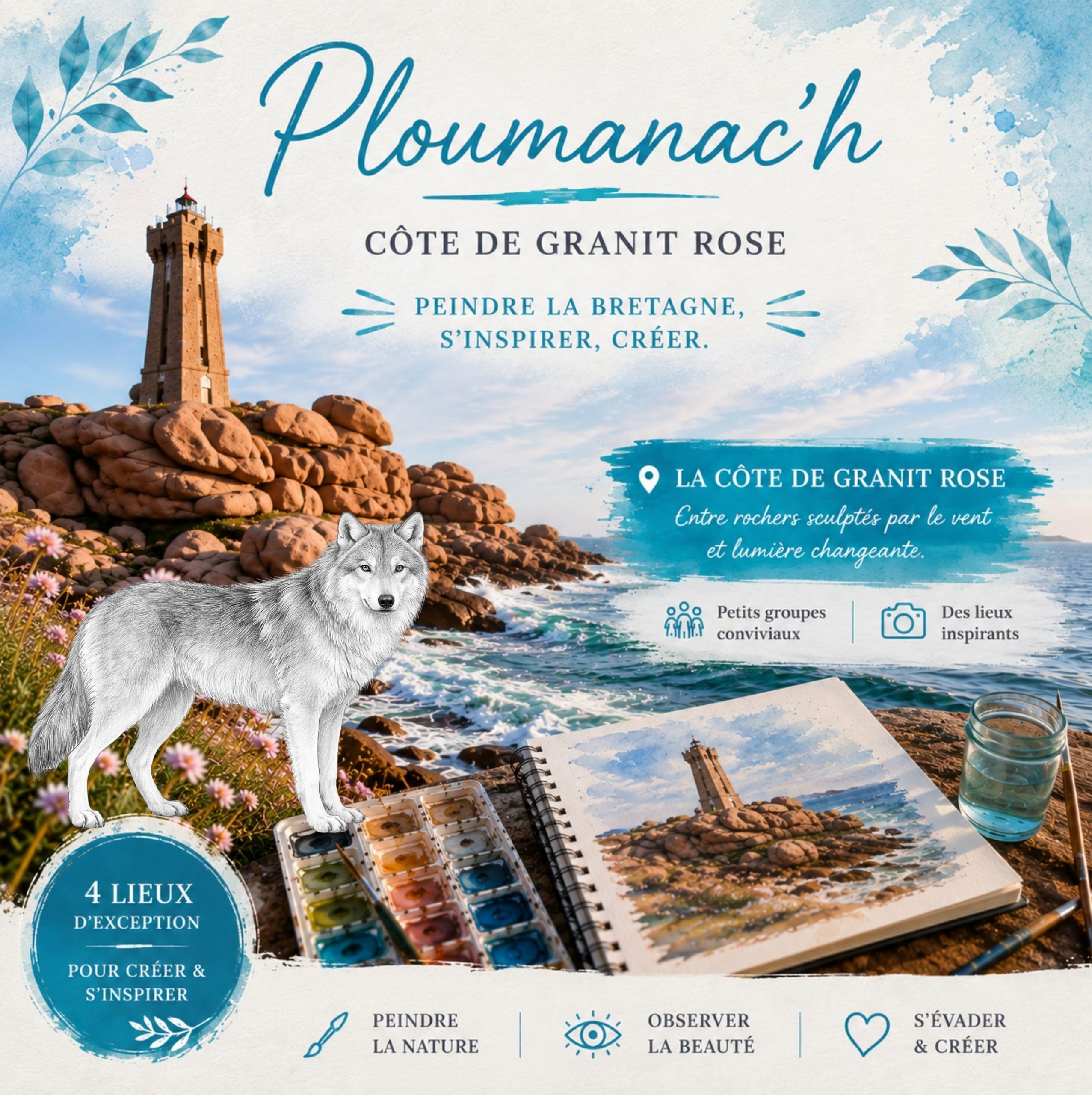 Atelier de dessin peinture à ploumanach sur le sentier des douaniers
