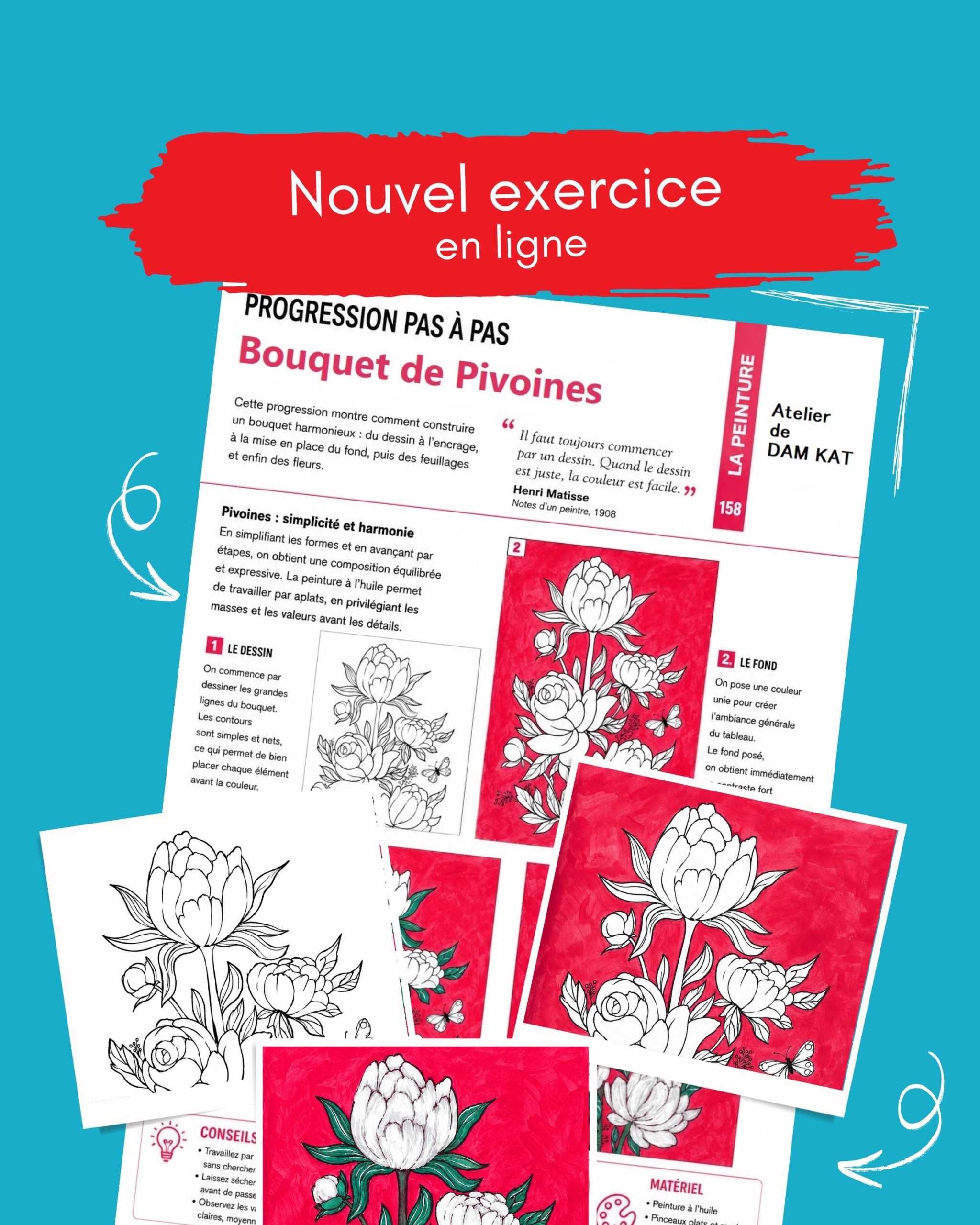 Bouquet de pivoines peinture pas a pas avec DAM KAT artiste peintre Bretagne