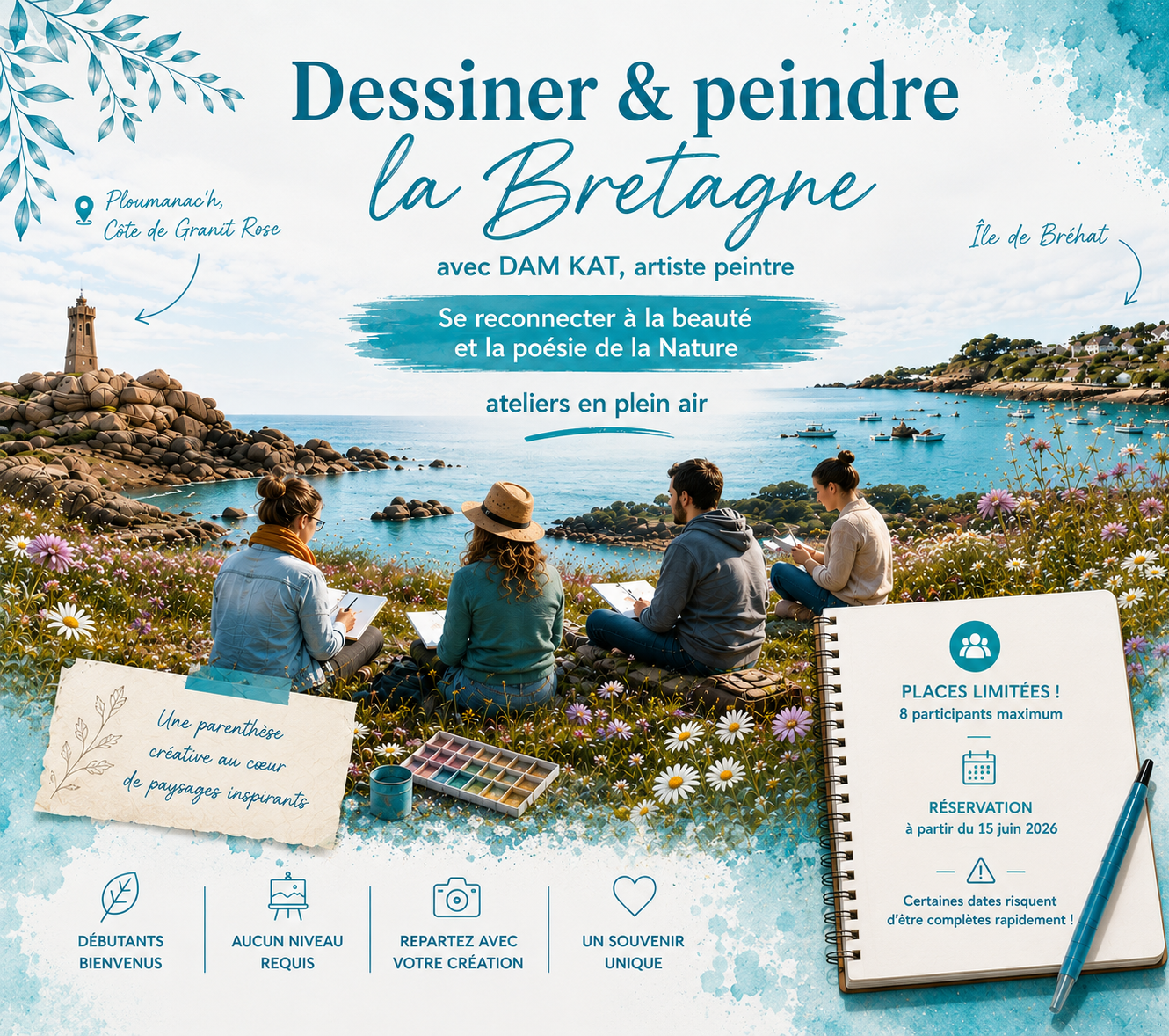 atelier dessin peinture bretagne tregastel perros guirec brehat huelgoat pour adultes avec DAM KAT Artiste peintre en BRETAGNE22