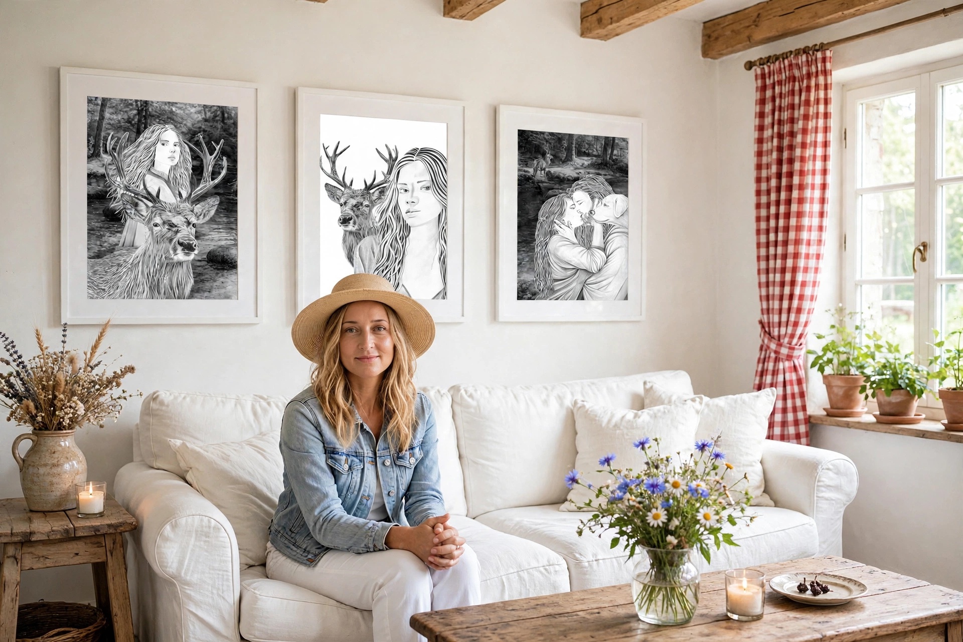 DAM KAT dans son salon avec ses œuvres de la collection La Beauté du vivant