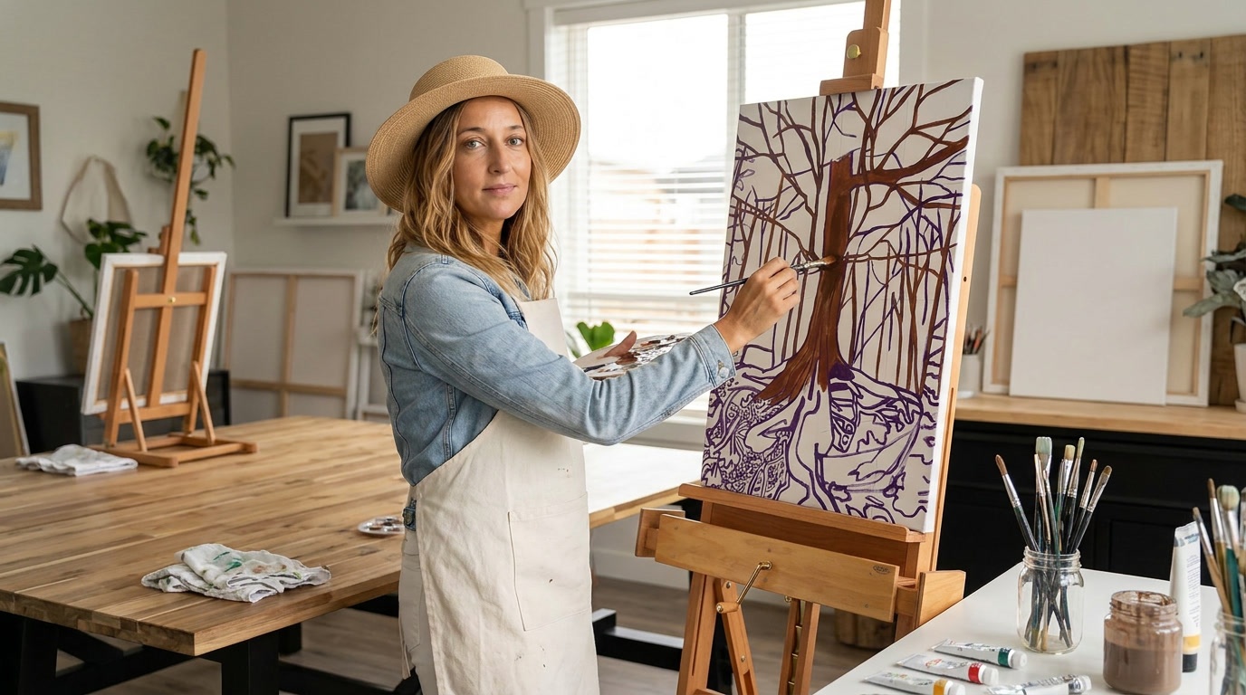 DAM KAT dans son atelier de dessin et de peinture en Bretagne