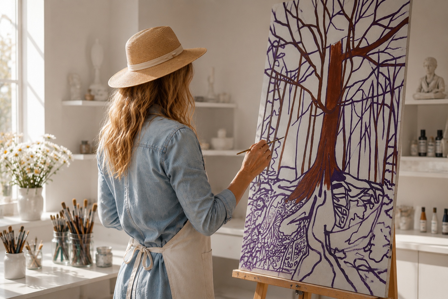 DAM KAT dans son atelier de dessin et de peinture en Bretagne
