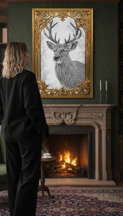 DAM KAT Artiste peintre de Bretagne, illustration magnifique d'un cerf sacré, dessin en noir et blanc