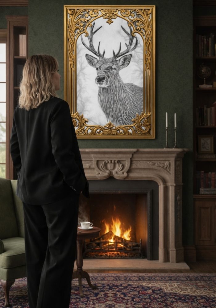 DAM KAT Artiste peintre de Bretagne, illustration magnifique d'un cerf sacré, dessin en noir et blanc