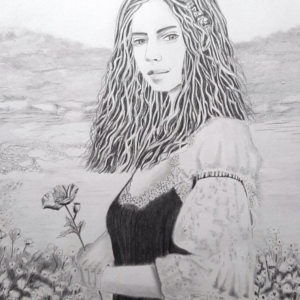 Jeune femme au coquelicot. Etude en noir et blanc. DAM KAT, 2024. Tous droits réservés.