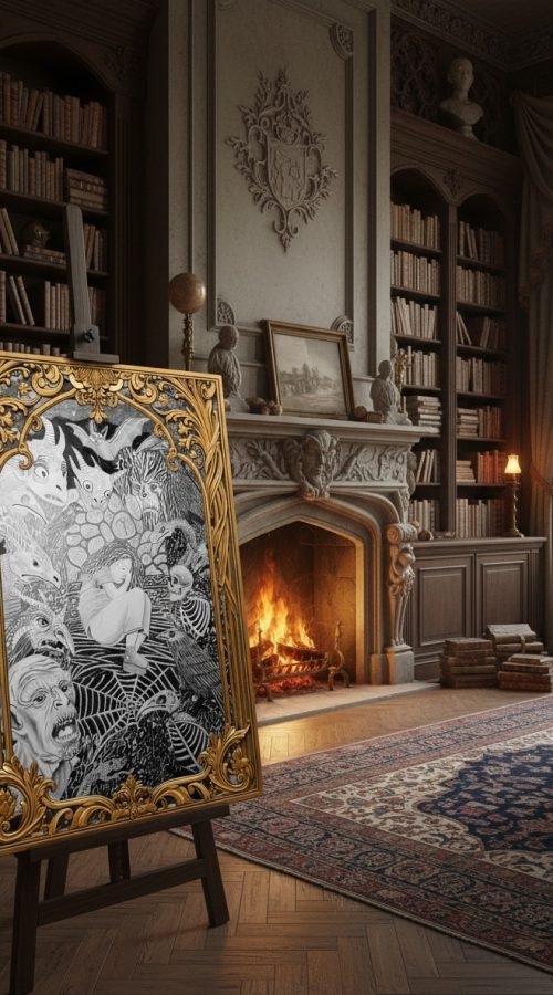 Dessin en noir et blanc Le cauchemar, représentant une petite fille endormie, accroché dans un salon avec une cheminée