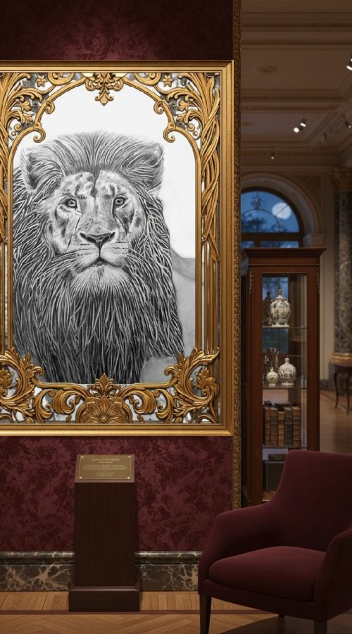Dessin en noir et blanc intitulé Vieux lion, œuvre graphique exposée dans un musée, commande artistique personnelle possible