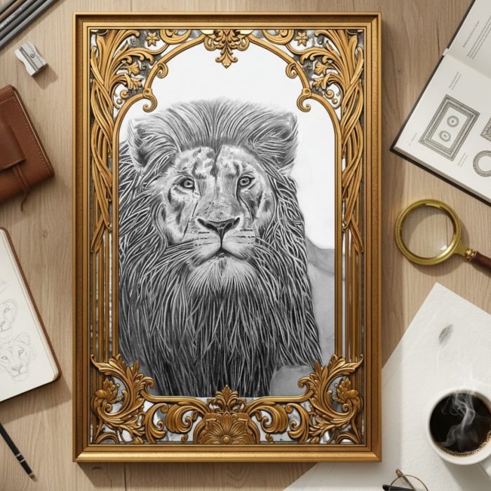 Dessin en noir et blanc au crayon sur papier, Vieux lion, regard animal, cadre doré, posé sur une table de dessin