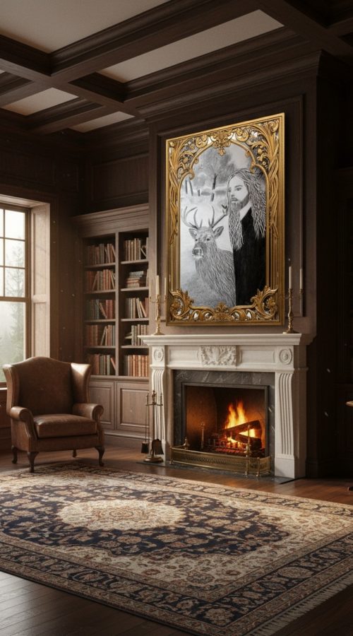 Dessin en noir et blanc intitulé Les compagnons de l’aube, représentant un homme et un cerf dans une forêt